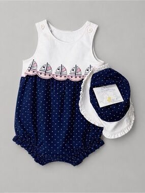 Vintage Y2K Little Impressions Nautical Sailboat Polka Dot Bubble Romper Hat 6-9